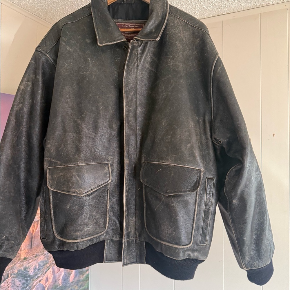 Men's Distressed Black Leather Bomber Jacket